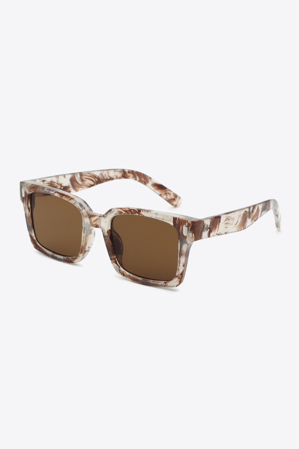 Brown-tinted UV400 square sunglasses with broad softly rounded lenses and translucent marbled polycarbonate frames, shown in an angled view.
