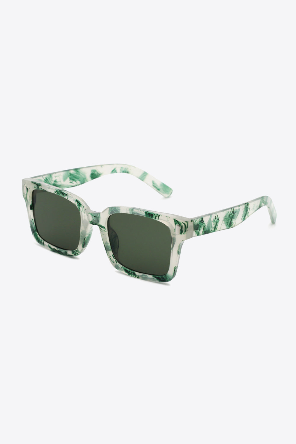 UV400 polycarbonate square sunglasses feature broad dark lenses in translucent green marbled frames with softly rounded corners and substantial temples.
