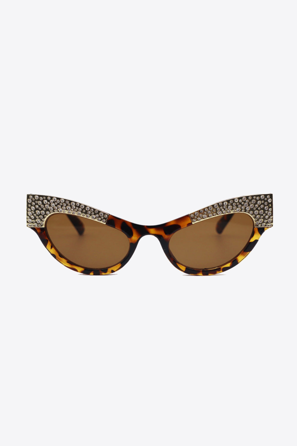 Tortoiseshell UV400 cat-eye sunglasses feature sharply lifted frames, brown lenses, and rhinestone trim across the upper corners for glamorous sparkle.