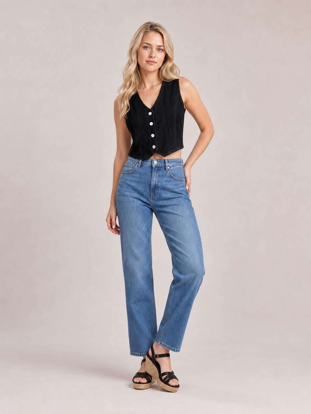 Model poses in a black V-neck button-down denim vest with a cropped silhouette, sleeveless construction, front buttons, and pointed hem.