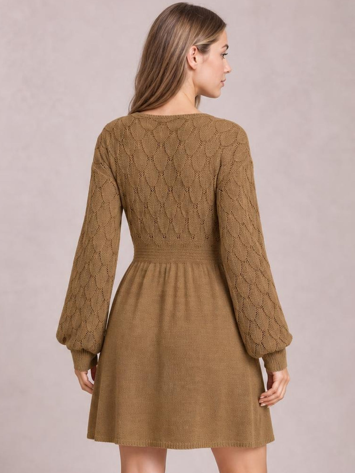 A model shown from behind wears a brown long-sleeve sweater dress with openwork knit sleeves and bodice, a fitted waist, and a flared skirt.