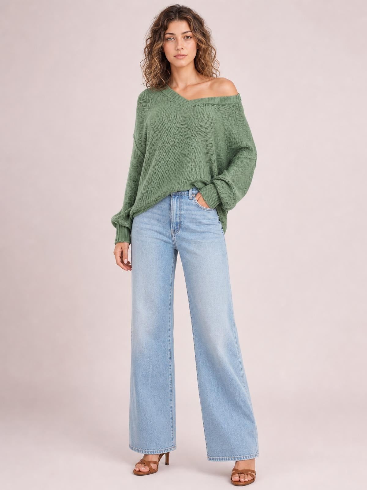 Model wears a sage green V-neck loose knit sweater with drop shoulders, ribbed trim, exposed seams, and an oversized silhouette while posing with one hand in her pocket.