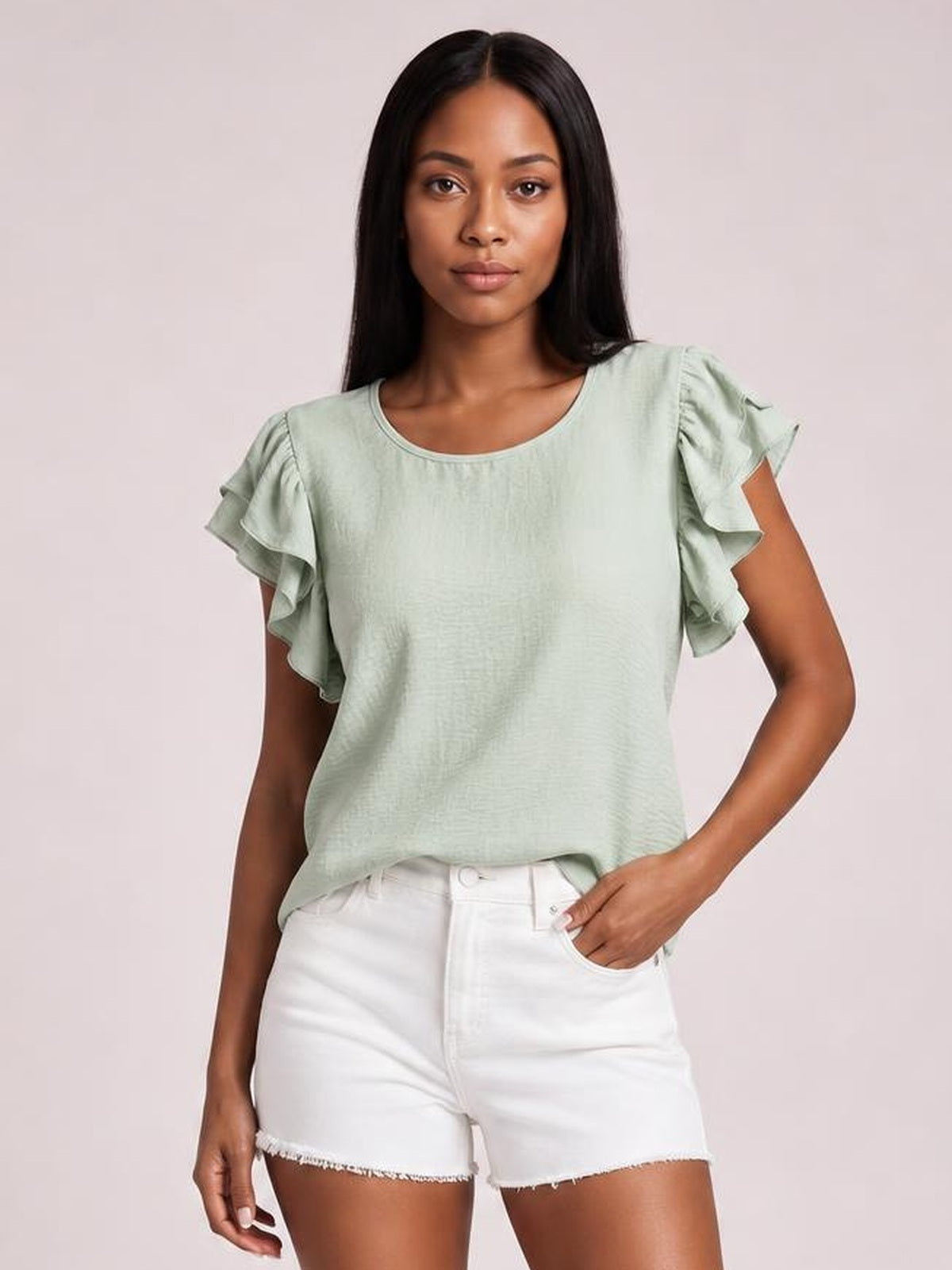 V-Neck Ruffled Cap Sleeve Blouse · Rule Full Body - Hero Full Body