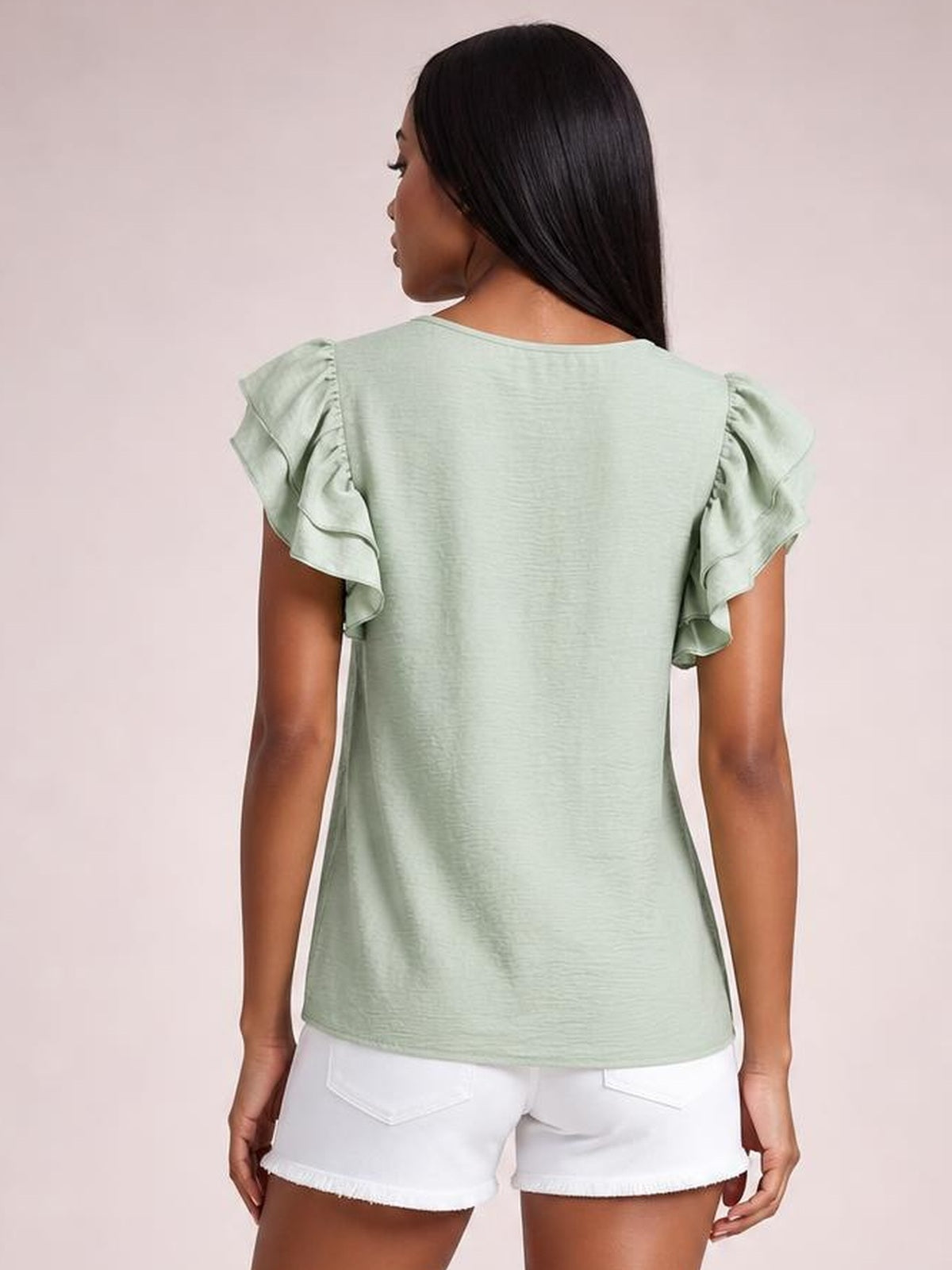 V-Neck Ruffled Cap Sleeve Blouse · Rule Full Body - Back View · Full / Three-Quarter