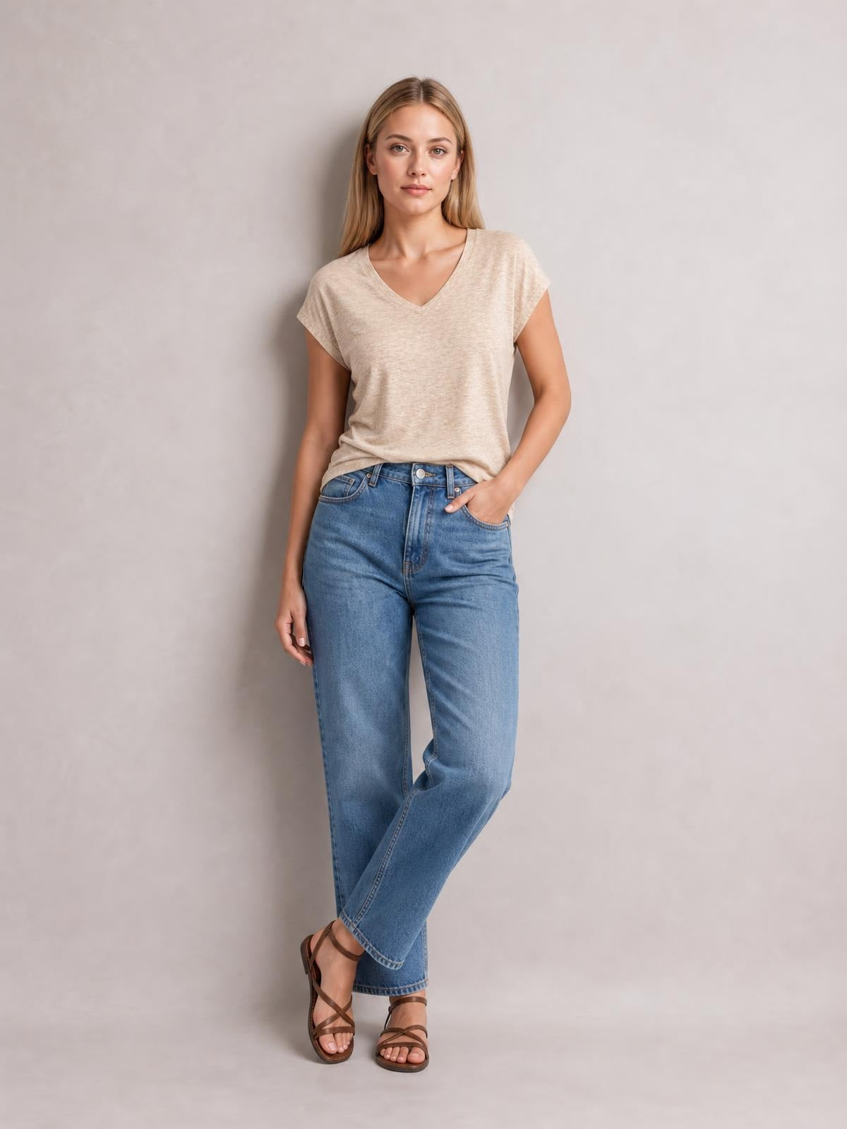 Model wears a beige V-neck short sleeve T-shirt with a relaxed straight silhouette and clean construction, posing with one hand in her jeans pocket.