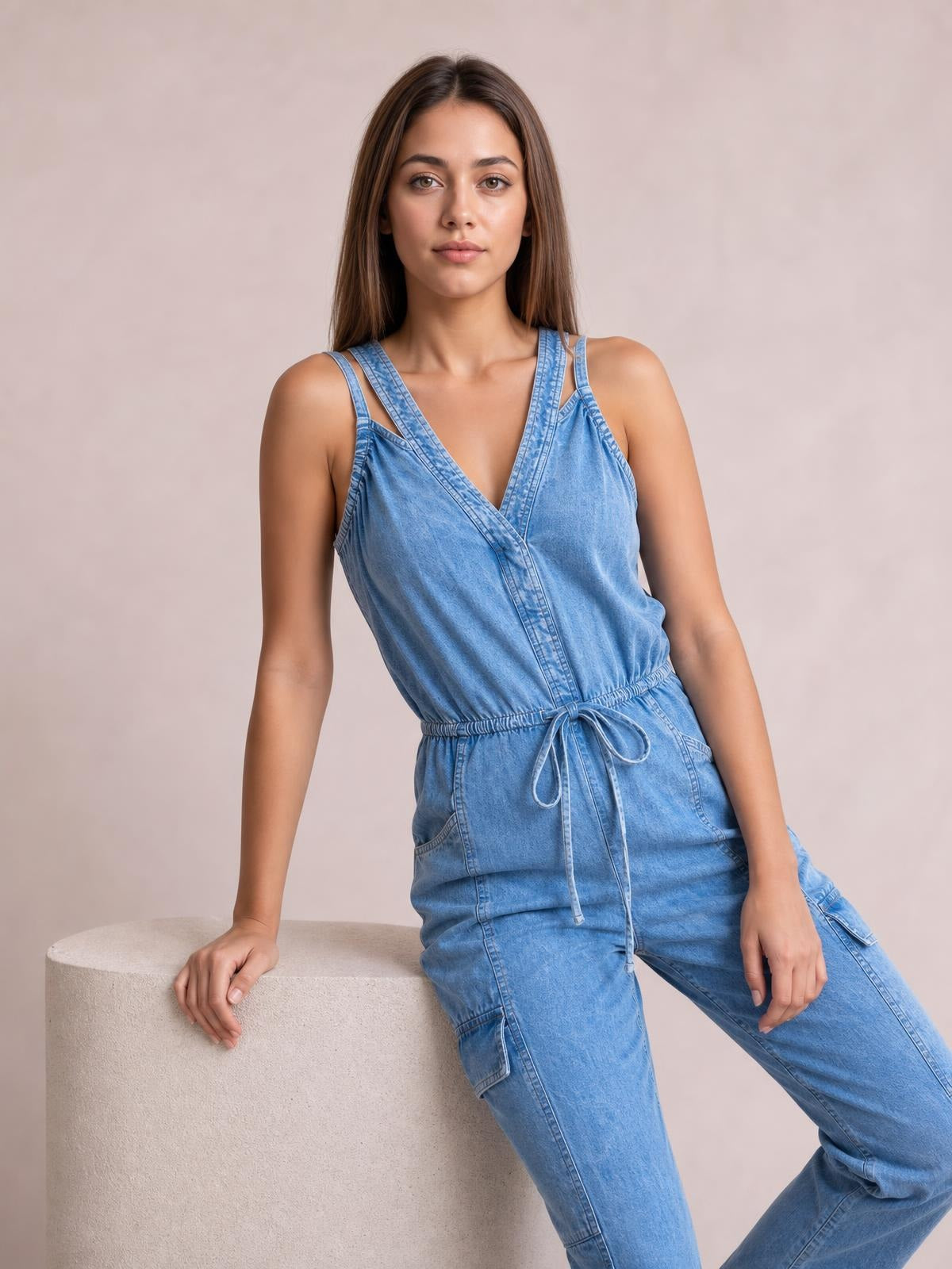 Model seated in a light blue denim jumpsuit with a sleeveless V-neck, adjustable drawstring waist, relaxed wide-leg silhouette, and cargo-style pockets.