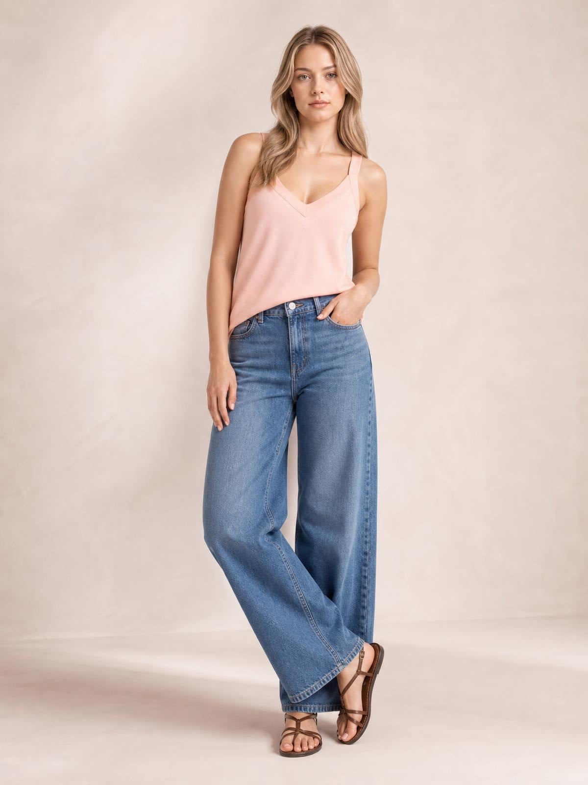 Model wears a pink V-neck wide strap cami with a relaxed straight silhouette, standing with one hand in her pocket and legs crossed.
