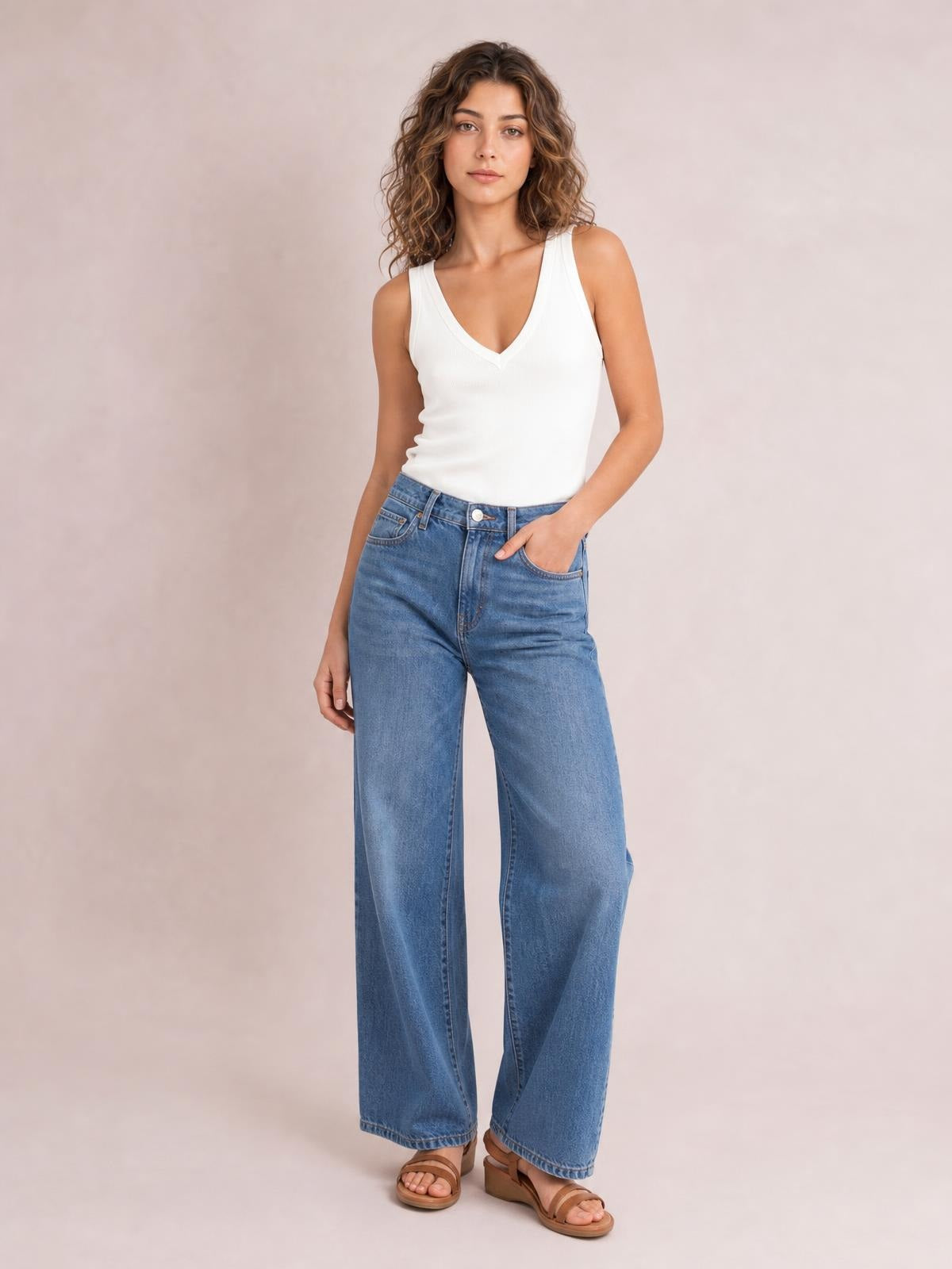 Model wearing a white V-neck wide strap tank with a fitted silhouette, paired with wide-leg blue jeans and one hand in a pocket.
