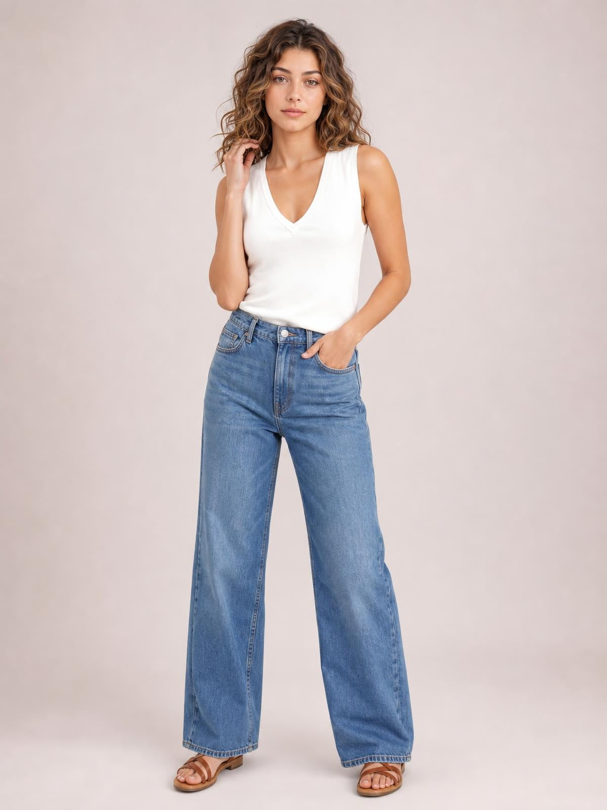 Model wears a white V-neck wide-strap tank with a fitted silhouette, posing with one hand in her jeans pocket and the other touching her hair.