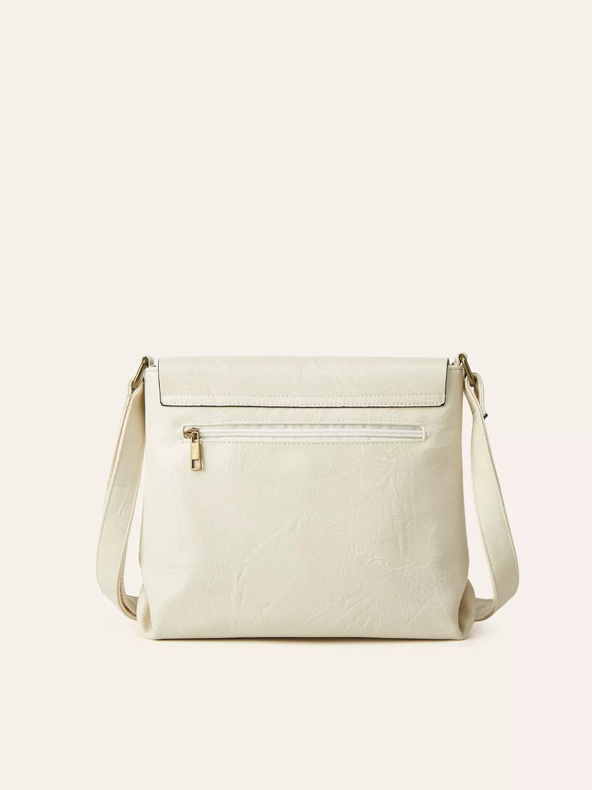 Cream medium PU leather crossbody bag with a structured silhouette, wide flap closure, long shoulder strap, and front zip pocket with gold-tone pull.