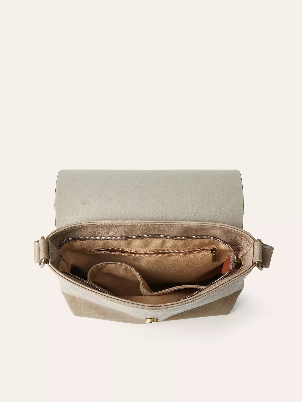 Open medium taupe PU leather crossbody bag with a vintage flap, gold buckle closure, adjustable side straps, and multiple zippered interior compartments.