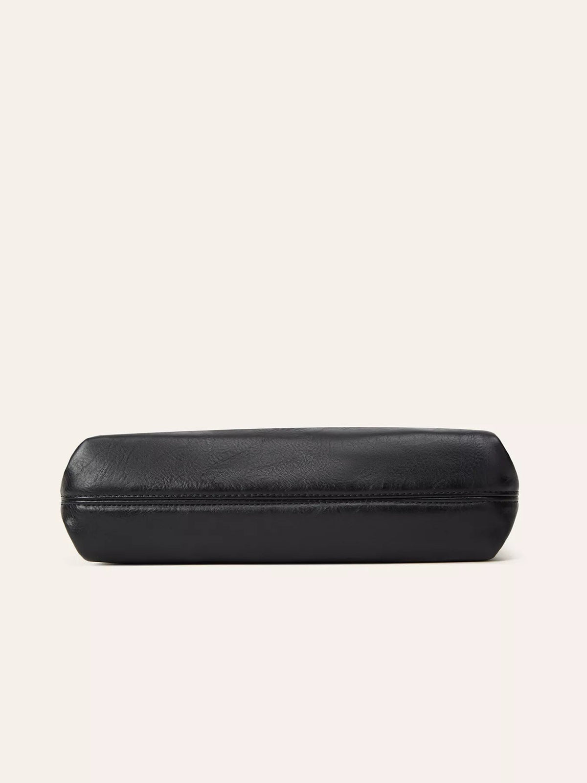 Black vintage PU leather crossbody bag shown from the bottom, featuring a medium rounded rectangular silhouette and neatly stitched horizontal construction.