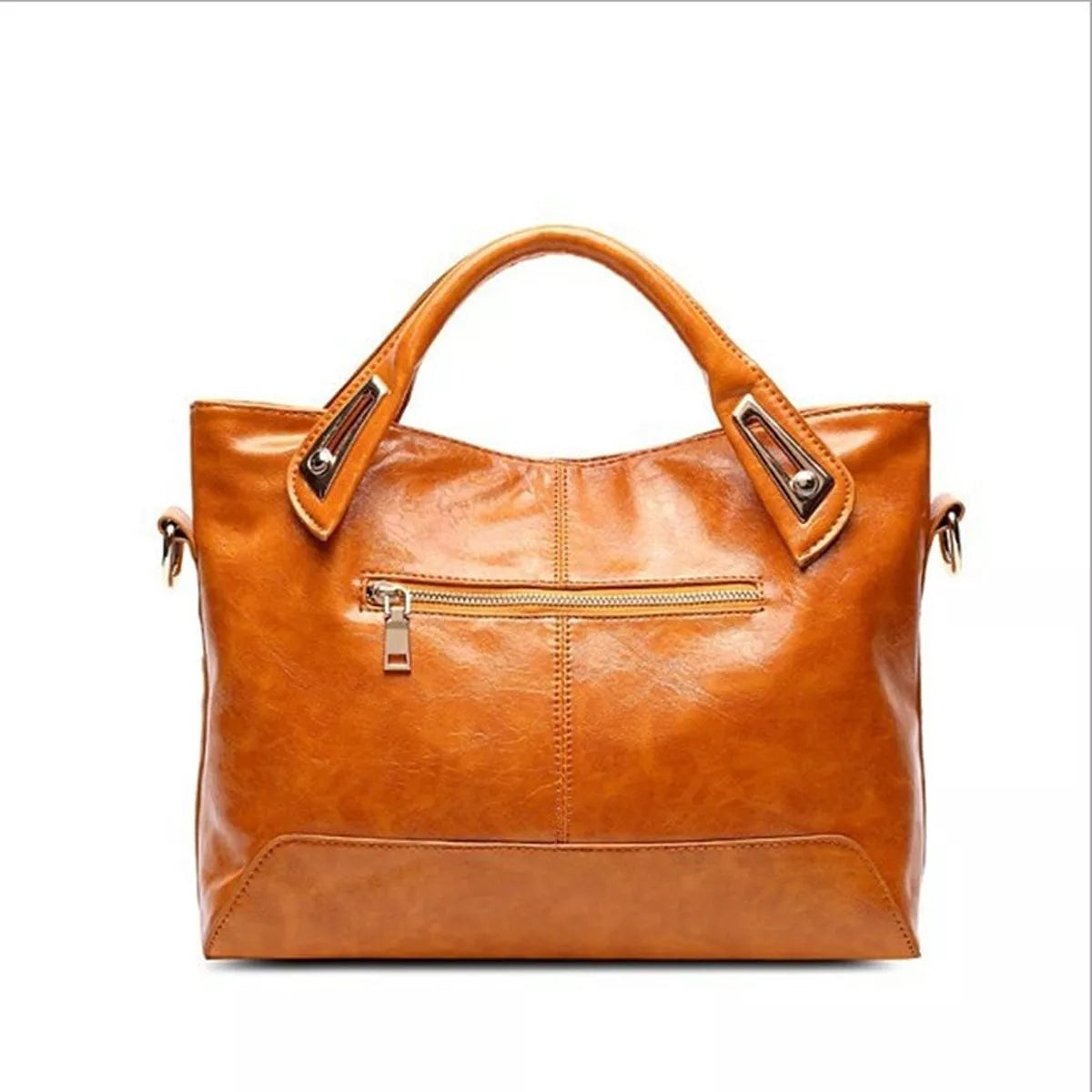 Medium vintage-style brown PU leather tote handbag with two rounded top handles, stitched construction, front zip pocket, and side rings for an adjustable shoulder strap.