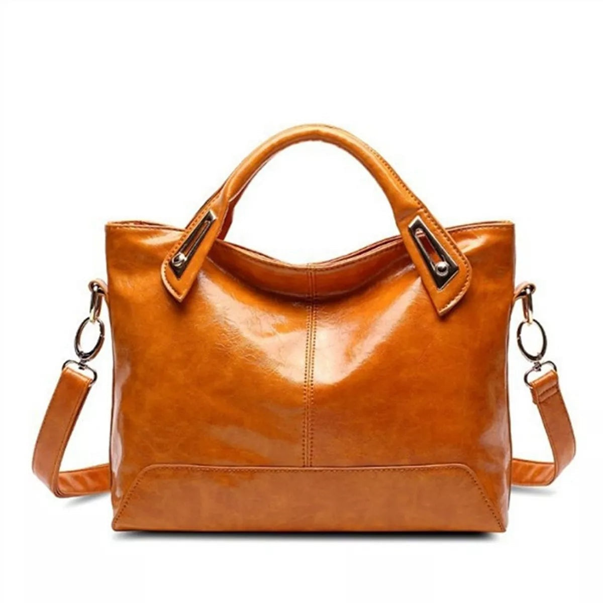 Medium vintage-style brown PU leather tote handbag with sturdy top handles, a front slip pocket, and an adjustable shoulder strap with metal clips.