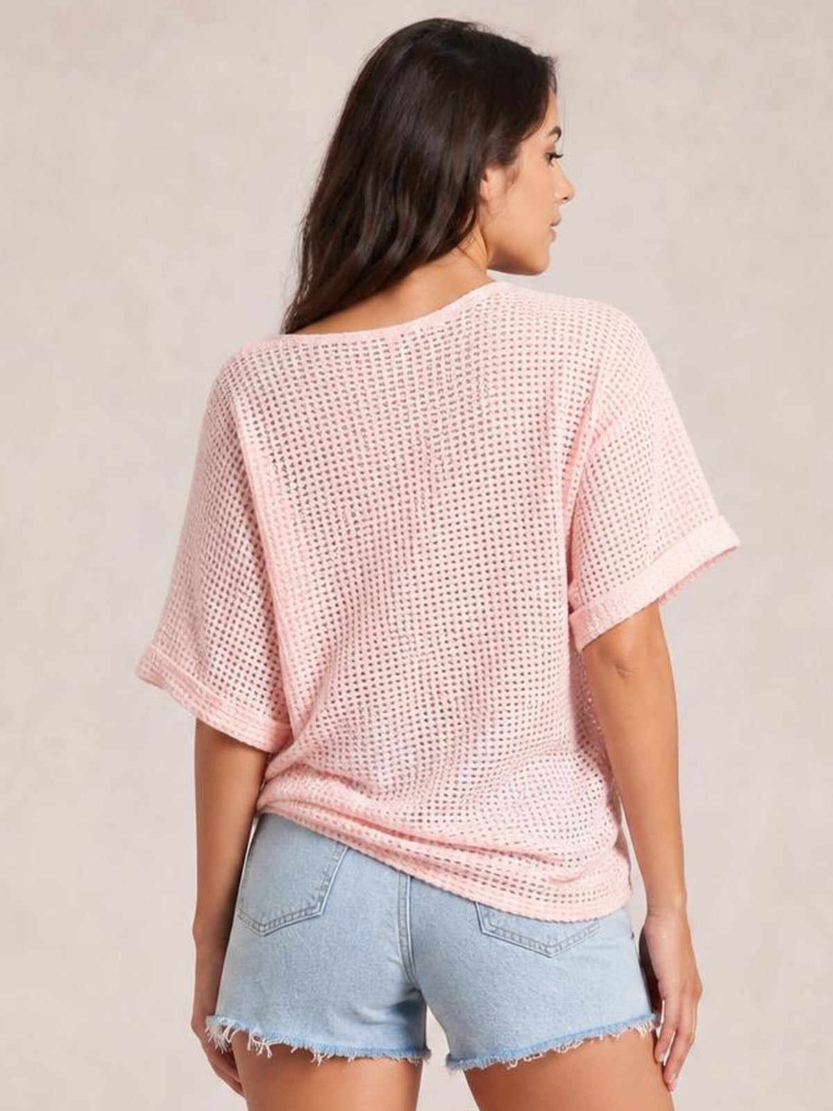 Waffle Knit Boat Neck Half Sleeve T-Shirt · Back View