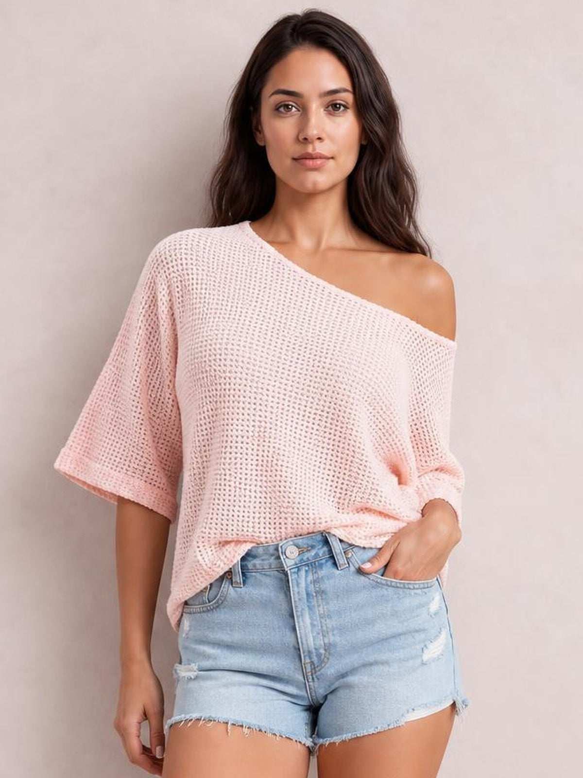 Waffle Knit Boat Neck Half Sleeve T-Shirt · Studio Prop Pose