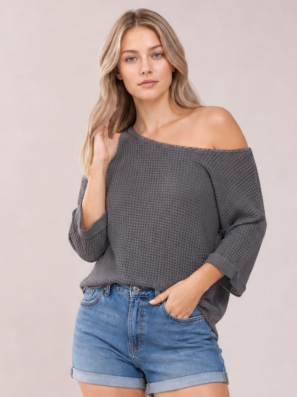 Waffle Knit Boat Neck Half Sleeve T-Shirt · Medium / Three-Quarter