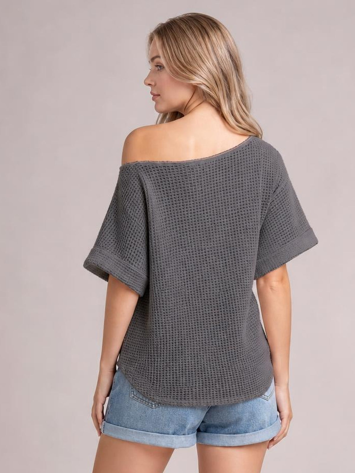 Waffle Knit Boat Neck Half Sleeve T-Shirt · Back View