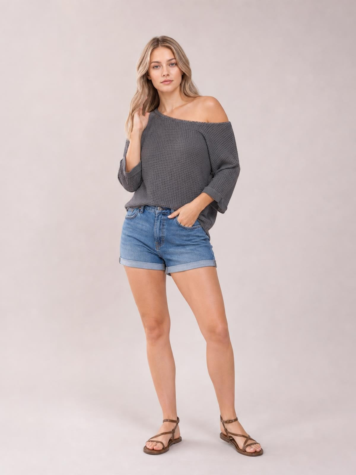 Waffle Knit Boat Neck Half Sleeve T-Shirt · Medium / Three-Quarter