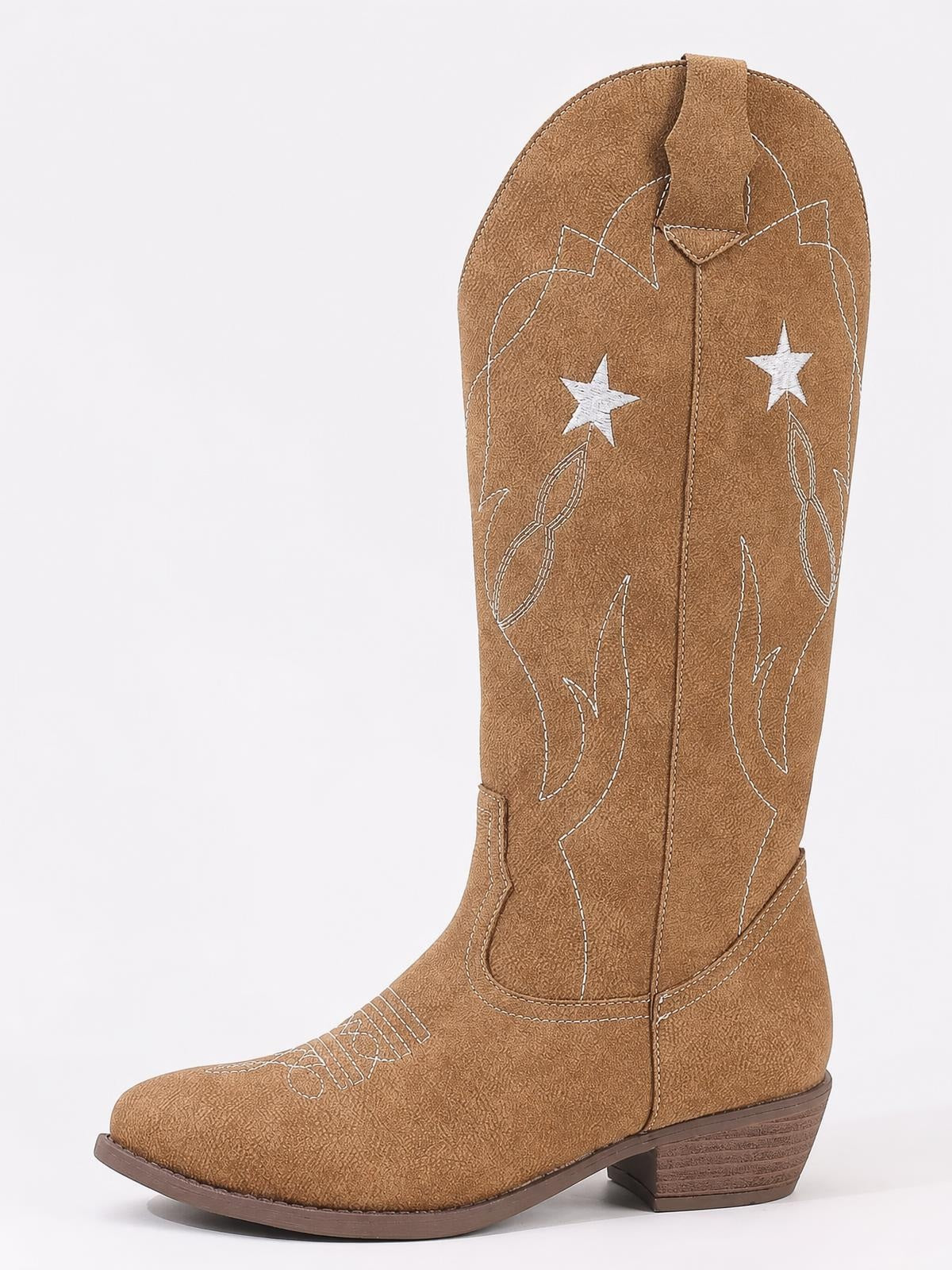 Tan Western cowboy boot with low stacked heel, pointed toe, pull tab, and white embroidered stars and decorative stitching on the shaft.