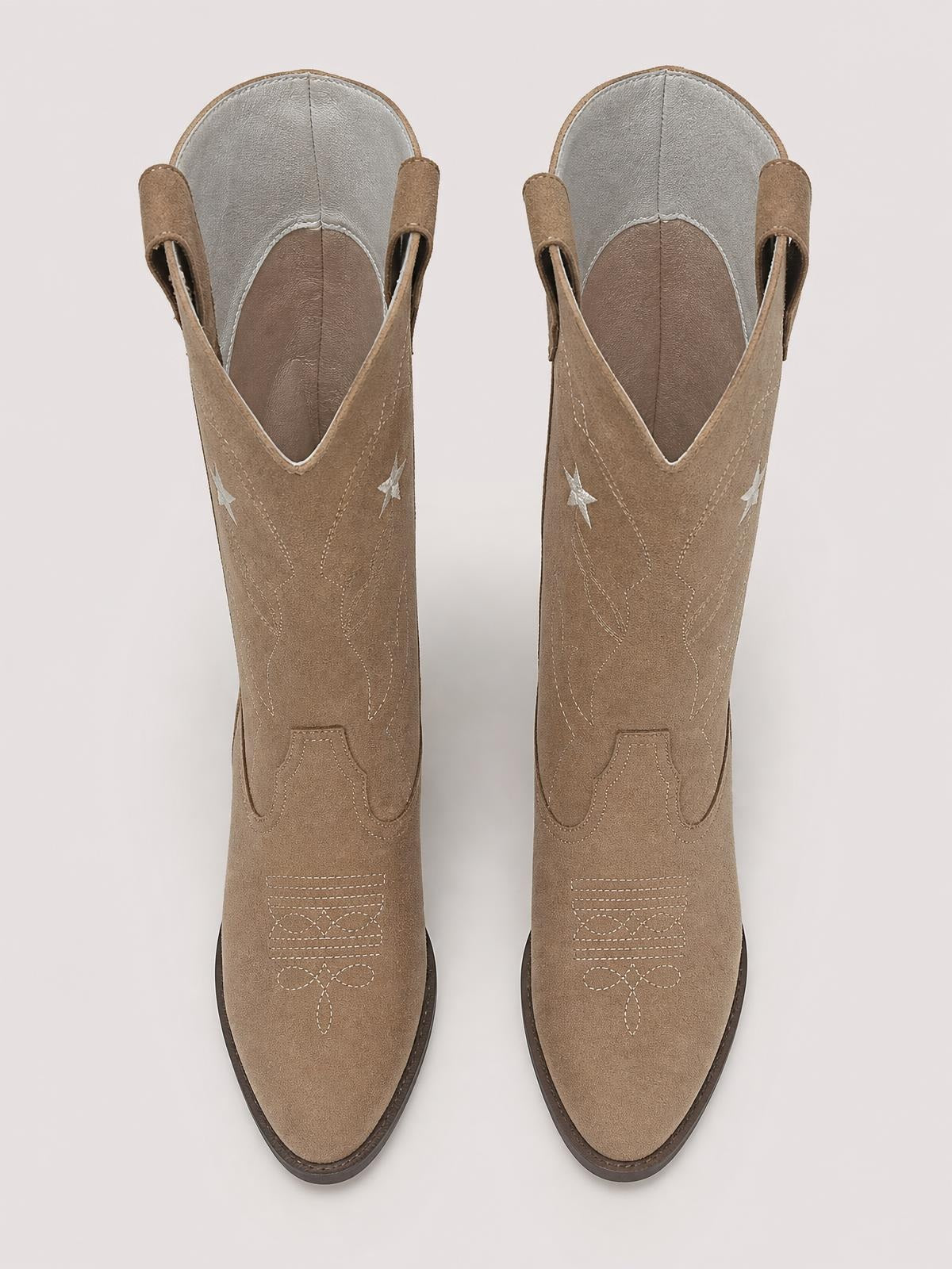 Tan PU leather Western Star cowboy boots with pointed toes, low heels, star embroidery, decorative western stitching, and pull tabs.