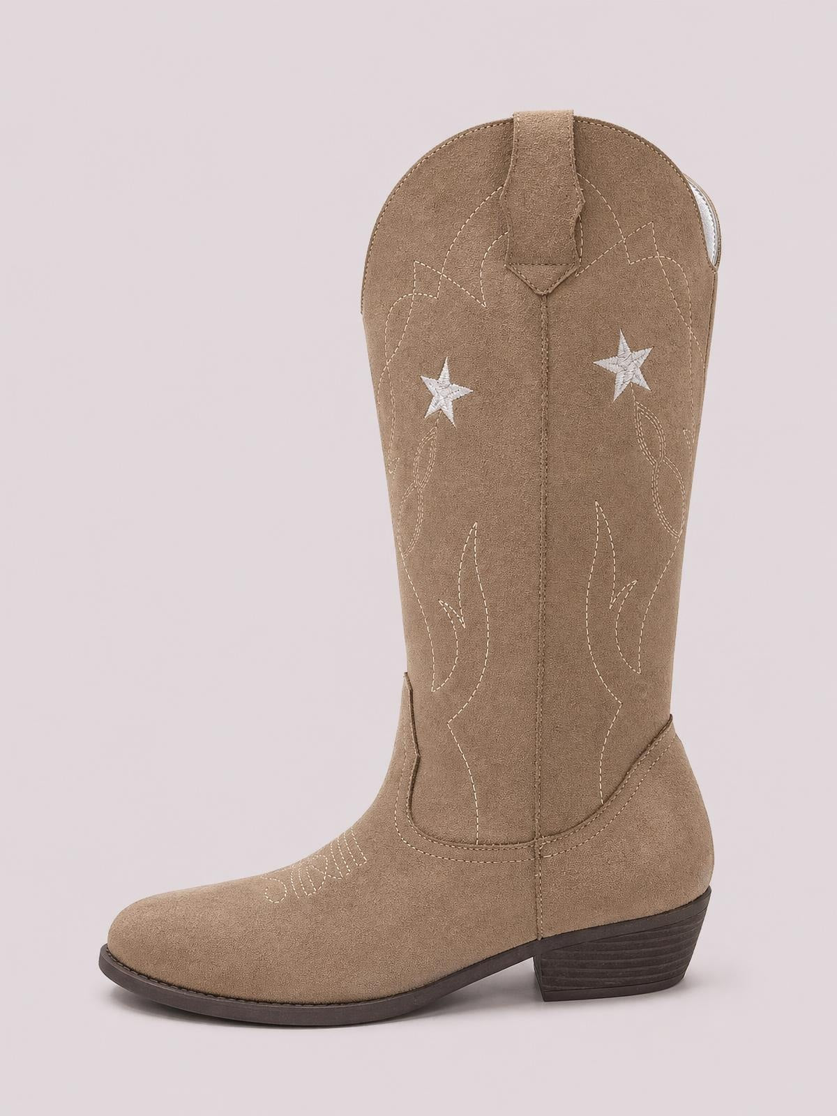 A tan PU leather Western cowboy boot with white star embroidery, decorative stitched panels, a pull tab, rounded toe, and low stacked heel.