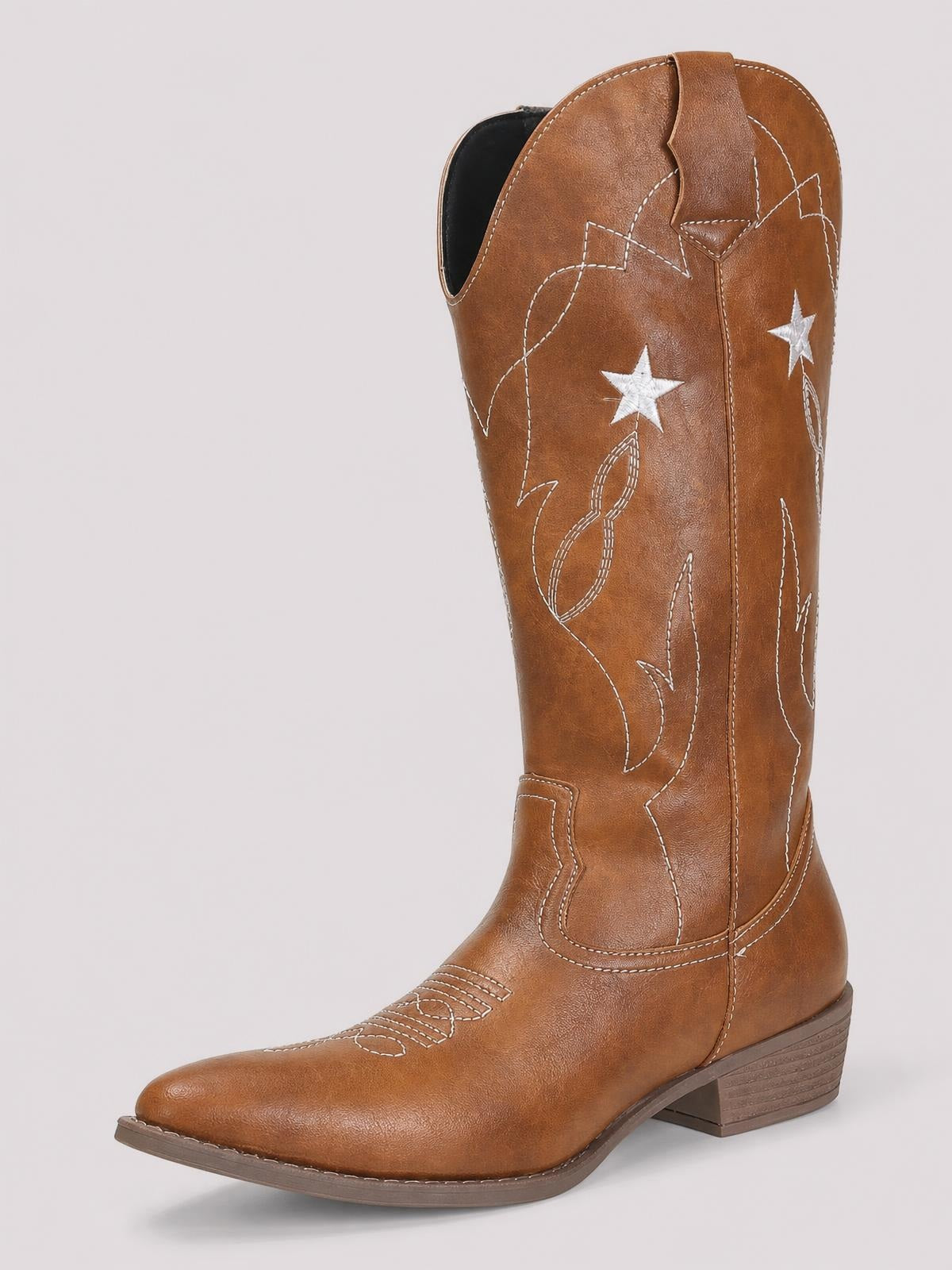 Brown Western cowboy boot with white star embroidery, decorative stitching, pointed toe, tall shaft, and a low stacked heel in smooth PU leather.