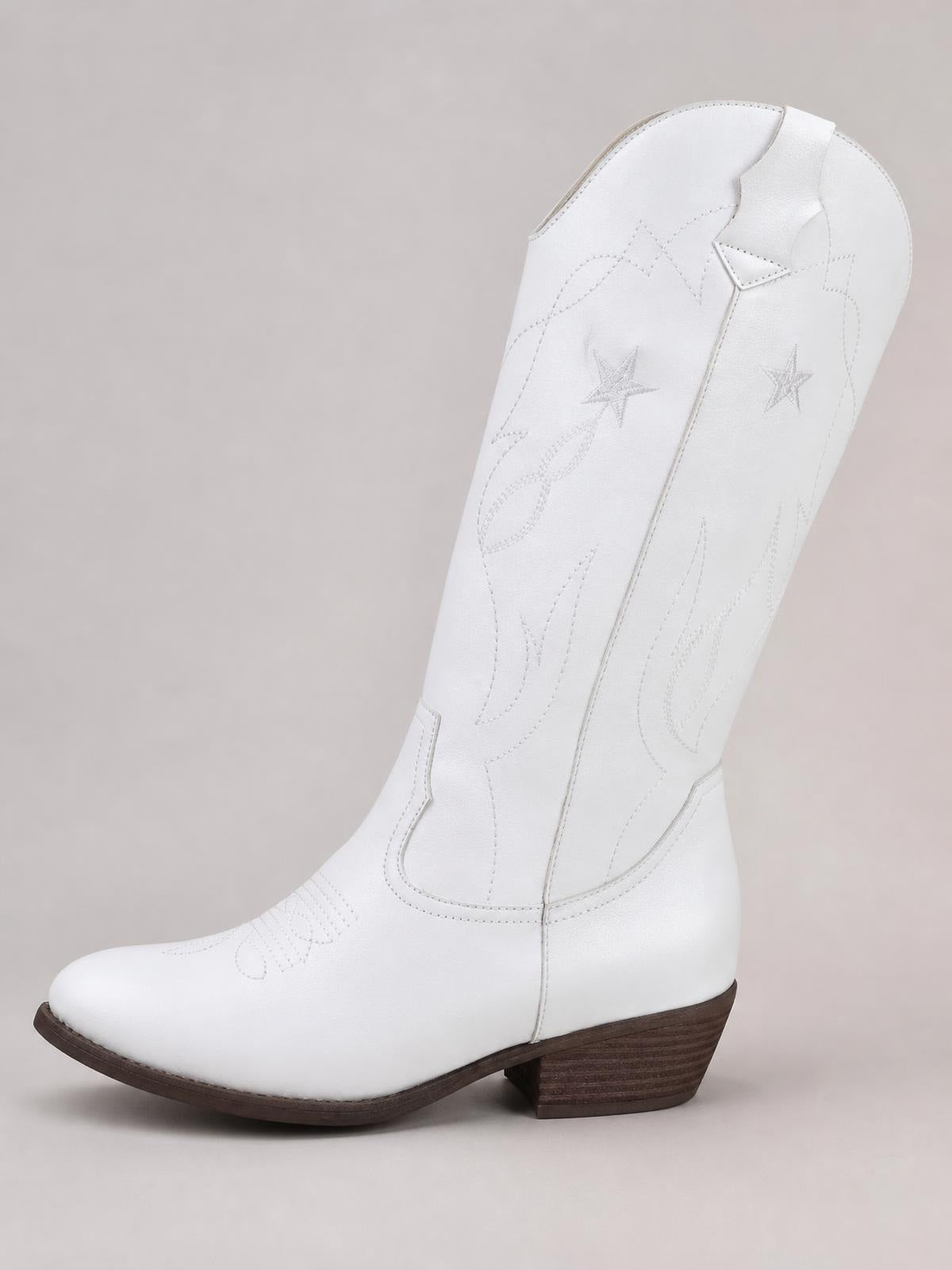 White Western cowboy boot with embroidered star and stitched detailing, a tall shaft, pointed toe, side pull tab, and low stacked heel.