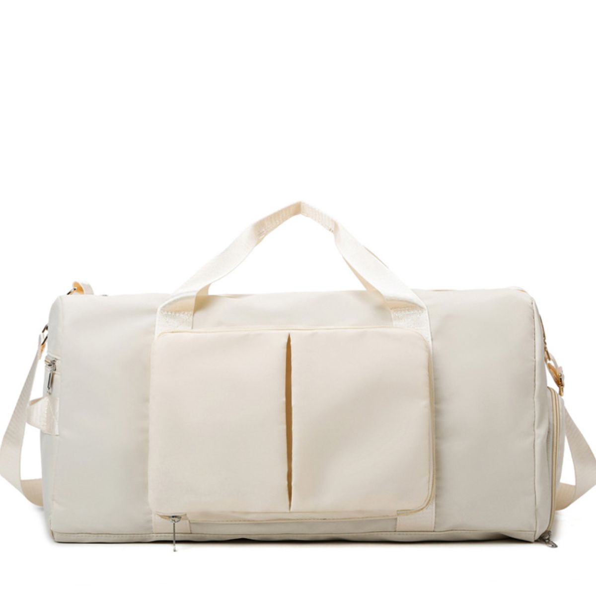 Large ivory Oxford cloth travel bag with a roomy duffel silhouette, dual top handles, shoulder strap, front pocket, and separate lower compartment.