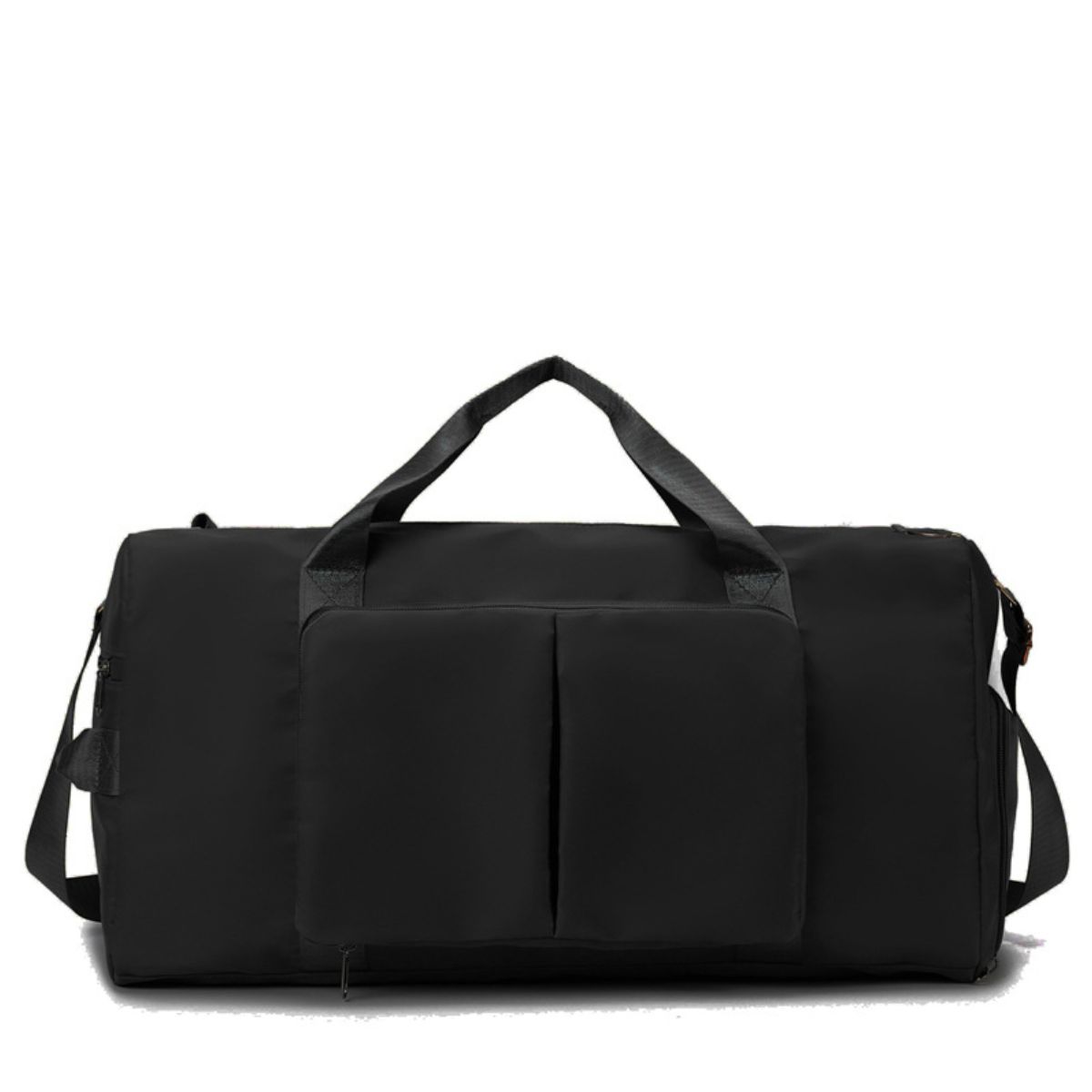 Large black Oxford cloth wet and dry separation travel bag with a roomy duffel silhouette, dual top handles, shoulder strap, front pocket, and lower compartment.