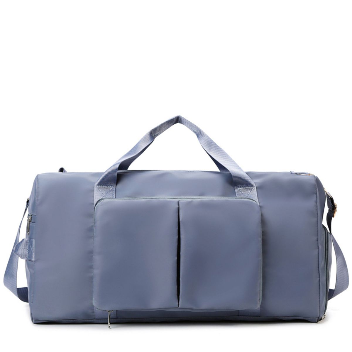 Large blue-gray Oxford cloth wet and dry separation travel bag with a roomy structured duffel silhouette, dual top handles, shoulder strap, front pocket, and lower compartment.