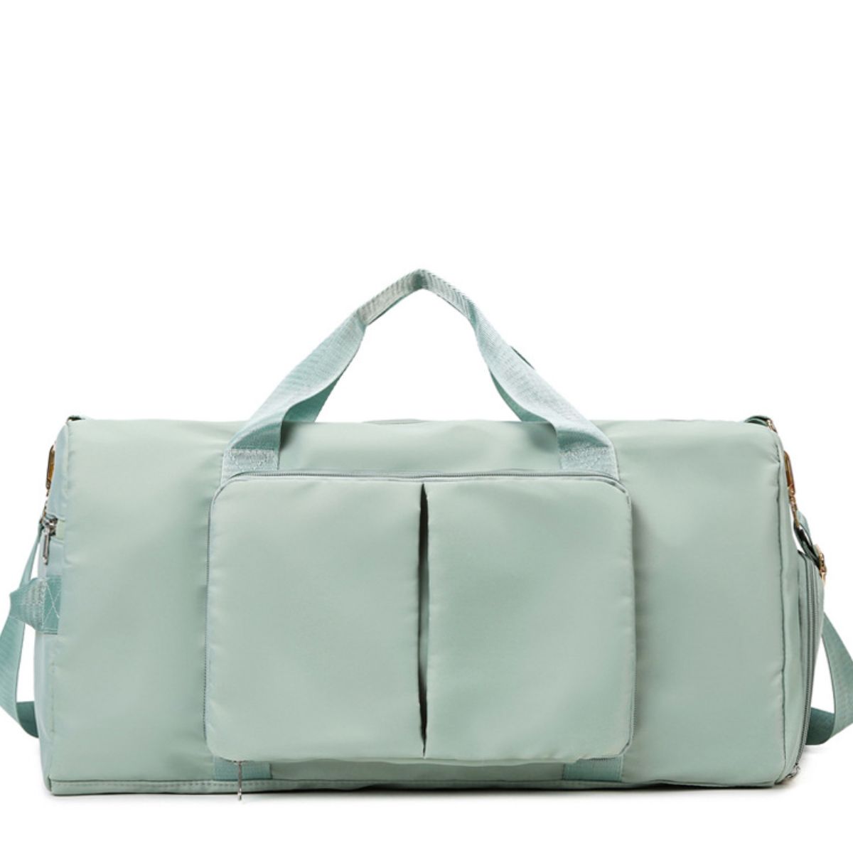 Large mint green Oxford cloth travel duffel with a structured silhouette, dual top handles, shoulder strap, and spacious front zip pocket.