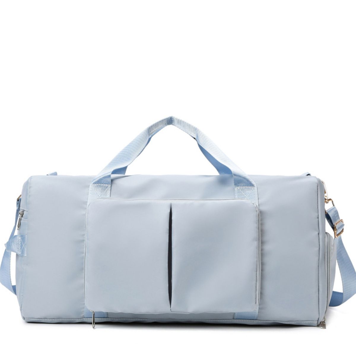 Large light blue Oxford cloth travel duffel with a roomy structured silhouette, dual top handles, shoulder strap, front pocket, and separate lower compartment.