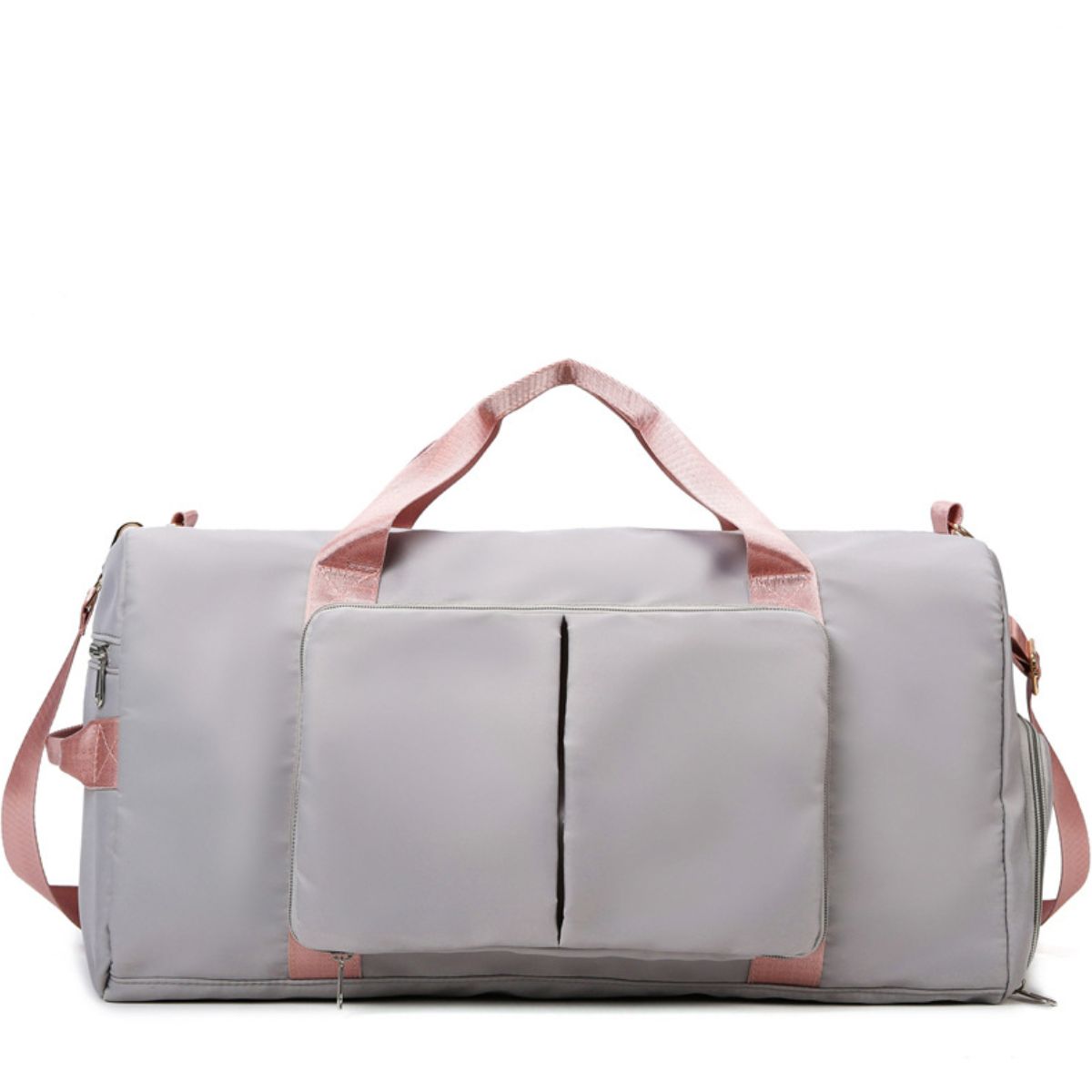 Large light gray Oxford cloth wet and dry separation travel bag with a structured duffel silhouette, pink dual handles, shoulder strap, and front zip pocket.