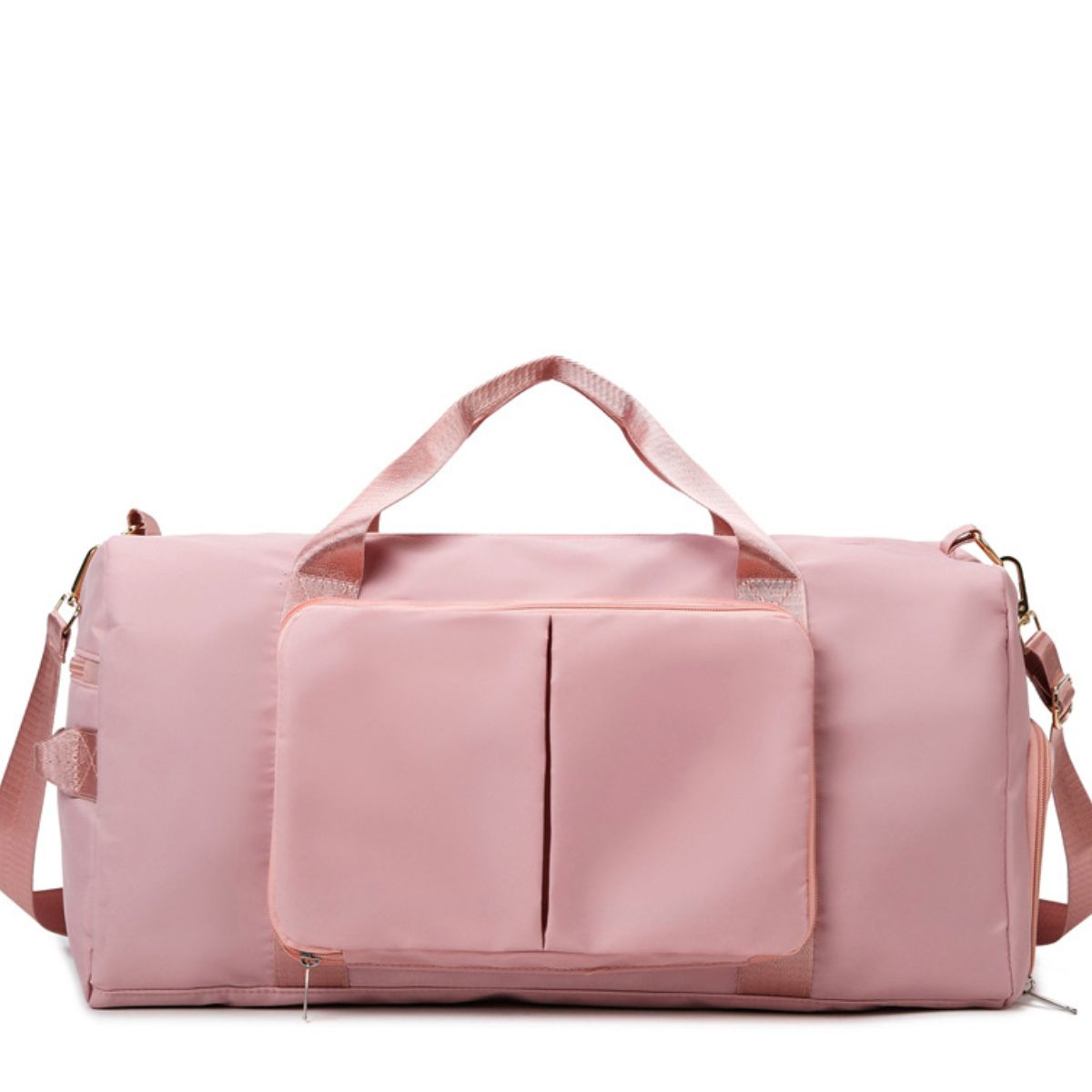 Large pink Oxford cloth travel duffel with a structured silhouette, dual top handles, adjustable shoulder strap, and spacious front zip pocket.