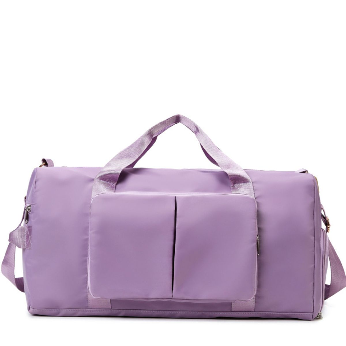 Large lavender Oxford cloth wet and dry separation travel bag with a roomy duffel silhouette, dual handles, shoulder strap, and spacious front pocket.