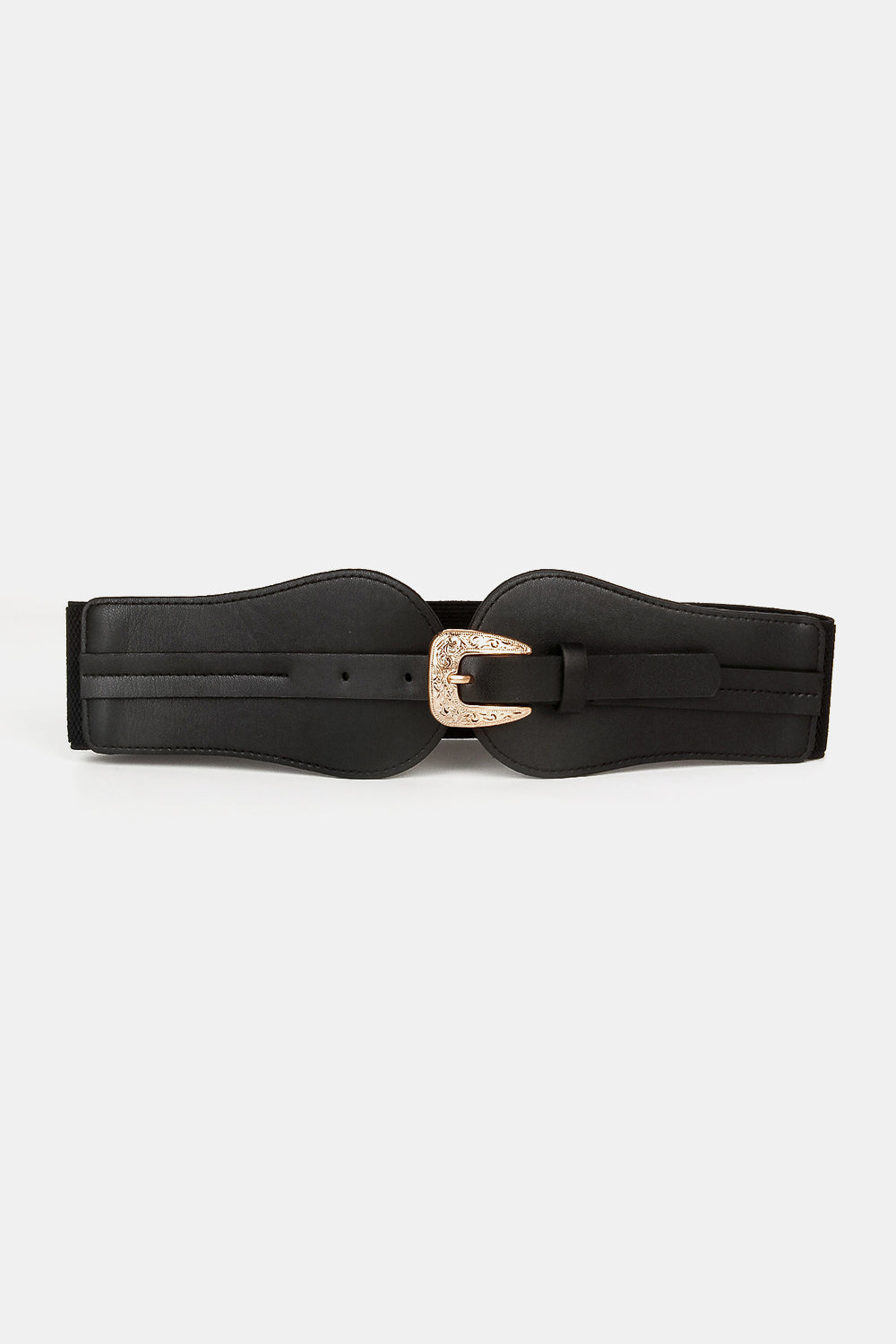 Black wide elastic PU belt with a structured curved silhouette, stitched edges, and an ornate alloy buckle at the center.