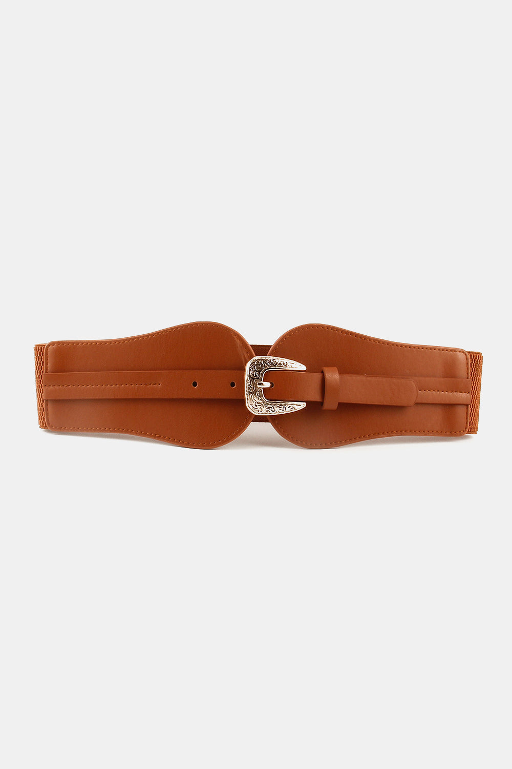 Wide brown PU elastic belt with a broad waist-defining silhouette, stitched panels, and an ornate alloy buckle with a vintage-inspired finish.