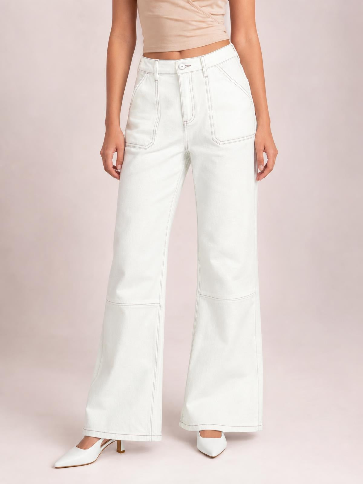 Model displays white wide-leg contrast stitching jeans with a high waist, front pockets, button closure, straight construction seams, and cropped hems.