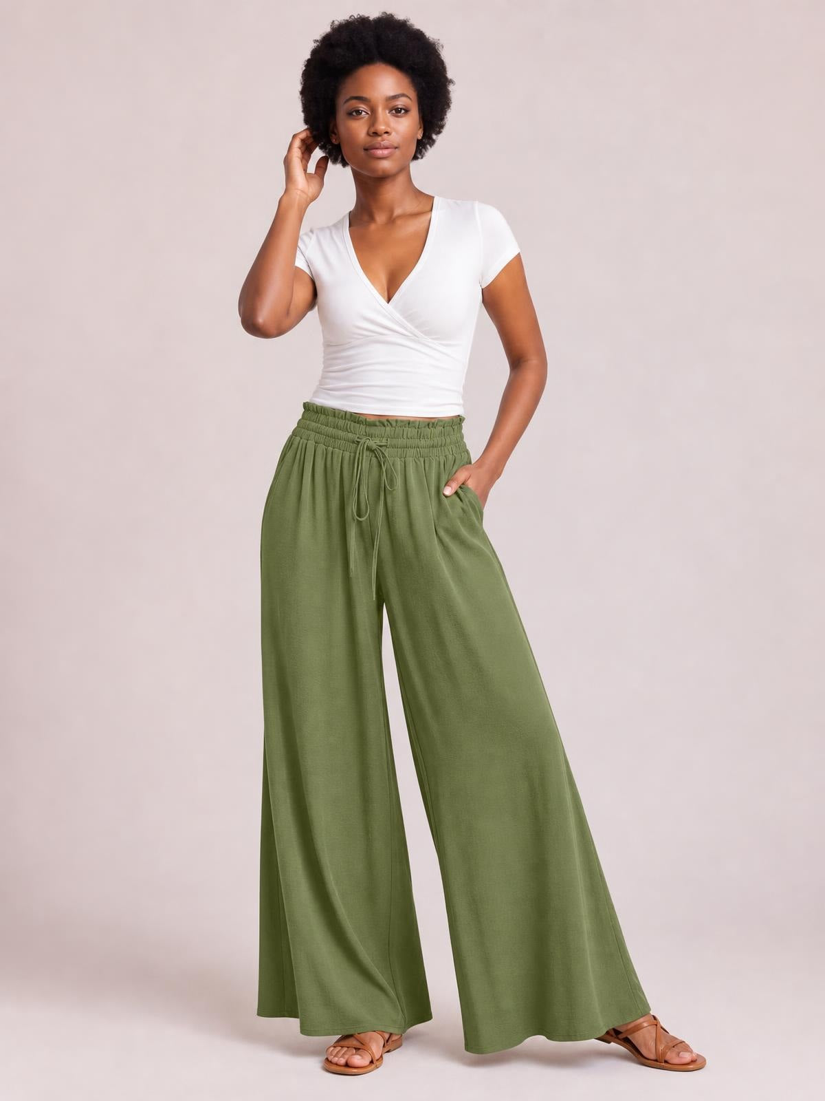 Wide Leg Pants with Pockets · Medium / Three-Quarter
