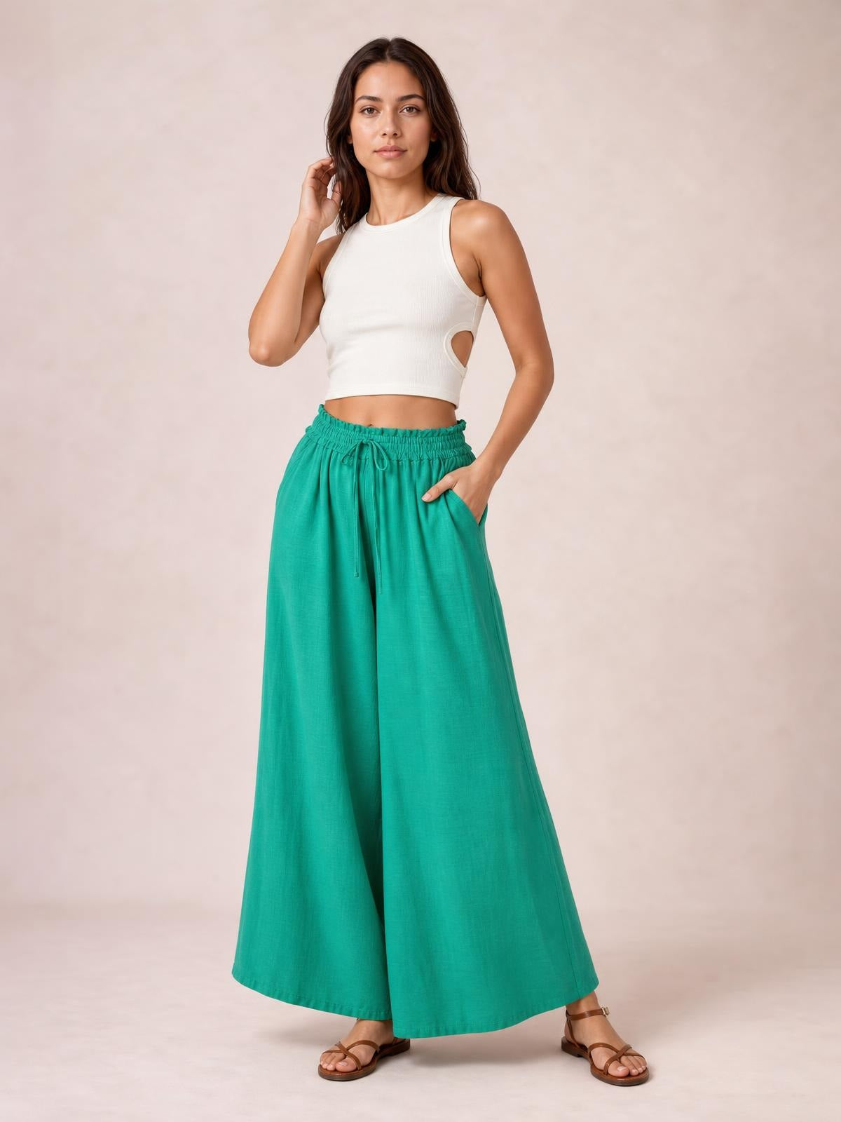 Wide Leg Pants with Pockets · Medium / Three-Quarter