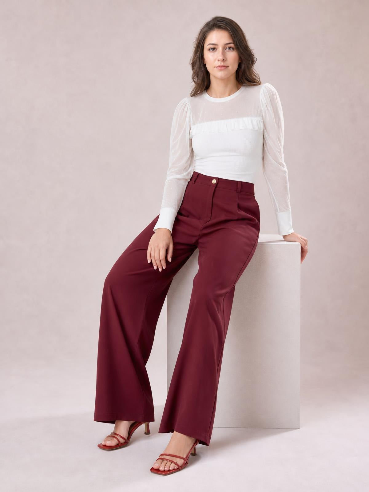 A seated model wears burgundy wide leg pleated pants with a buttoned high-rise waistband, belt loops, tailored seams, and a flowing full-length silhouette.