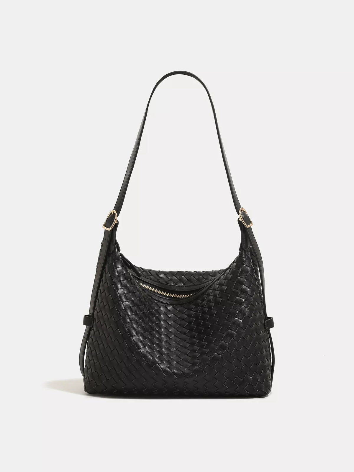 Medium black woven PU leather shoulder bag with a slouchy silhouette, long adjustable strap, gold-tone buckles, and a top zip closure.