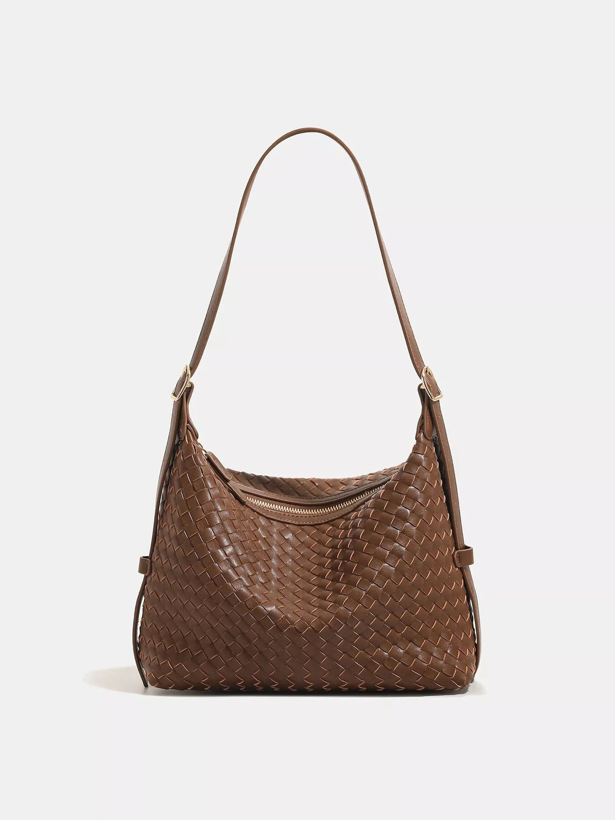 Brown woven PU leather shoulder bag with a slouchy medium silhouette, long adjustable strap, top zipper closure, and gold-tone hardware.