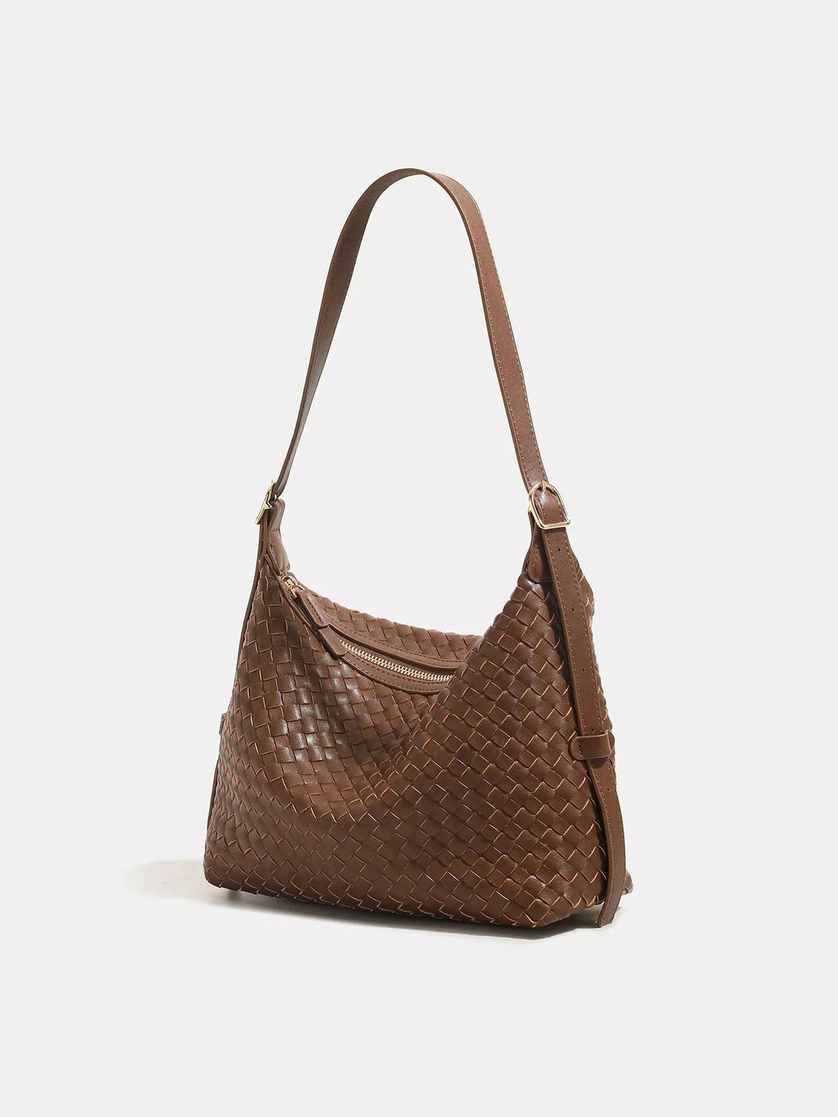 Medium brown woven PU leather shoulder bag with a slouchy silhouette, long adjustable strap, gold-tone hardware, and a top zip closure.