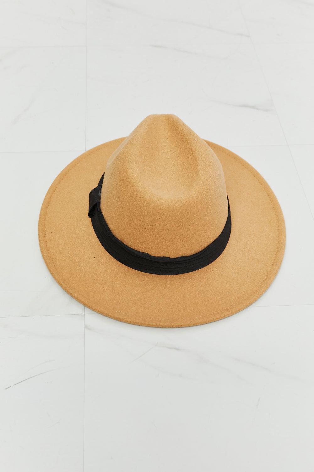 Khaki You Got It fedora hat with a softly shaped crown, wide 3.5-inch brim, and contrasting black ribbon around the crown.