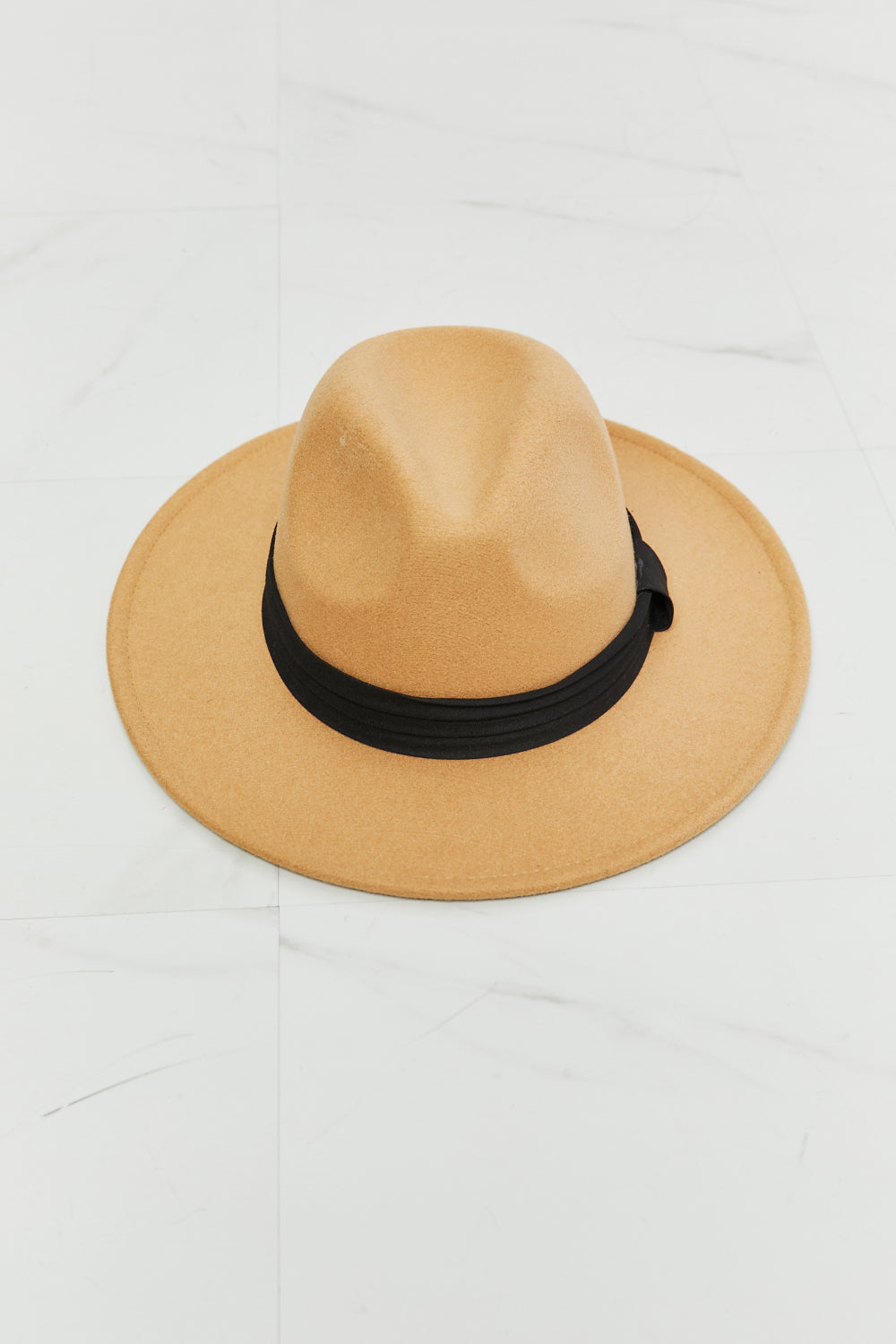 Khaki fedora hat with a softly shaped crown, wide 3.5-inch brim, and contrasting black ribbon with a side bow detail.