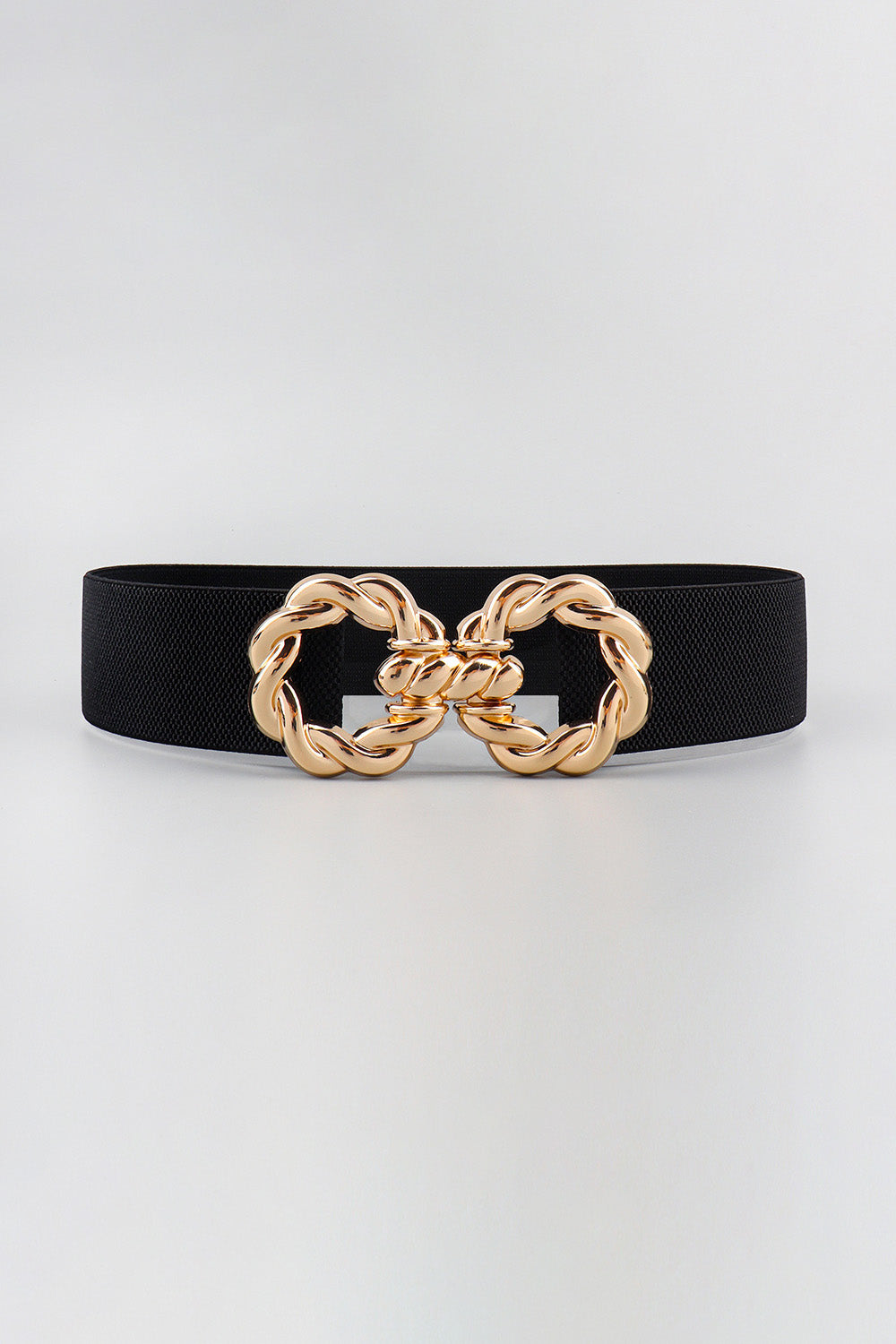 Black 2-inch elastic belt featuring a wide sleek band and ornate interlocking gold-tone zinc alloy buckle with curved detailing.