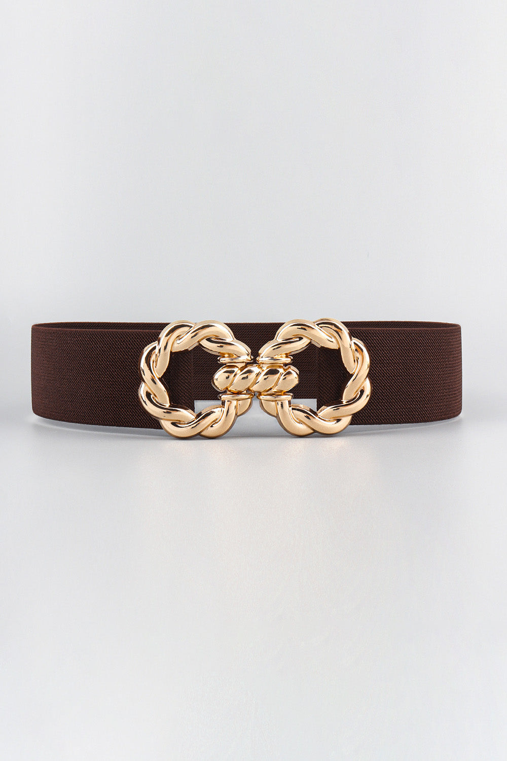 Brown 2-inch elastic belt with a polished zinc alloy buckle featuring an ornate interlocking design and curved detailing.