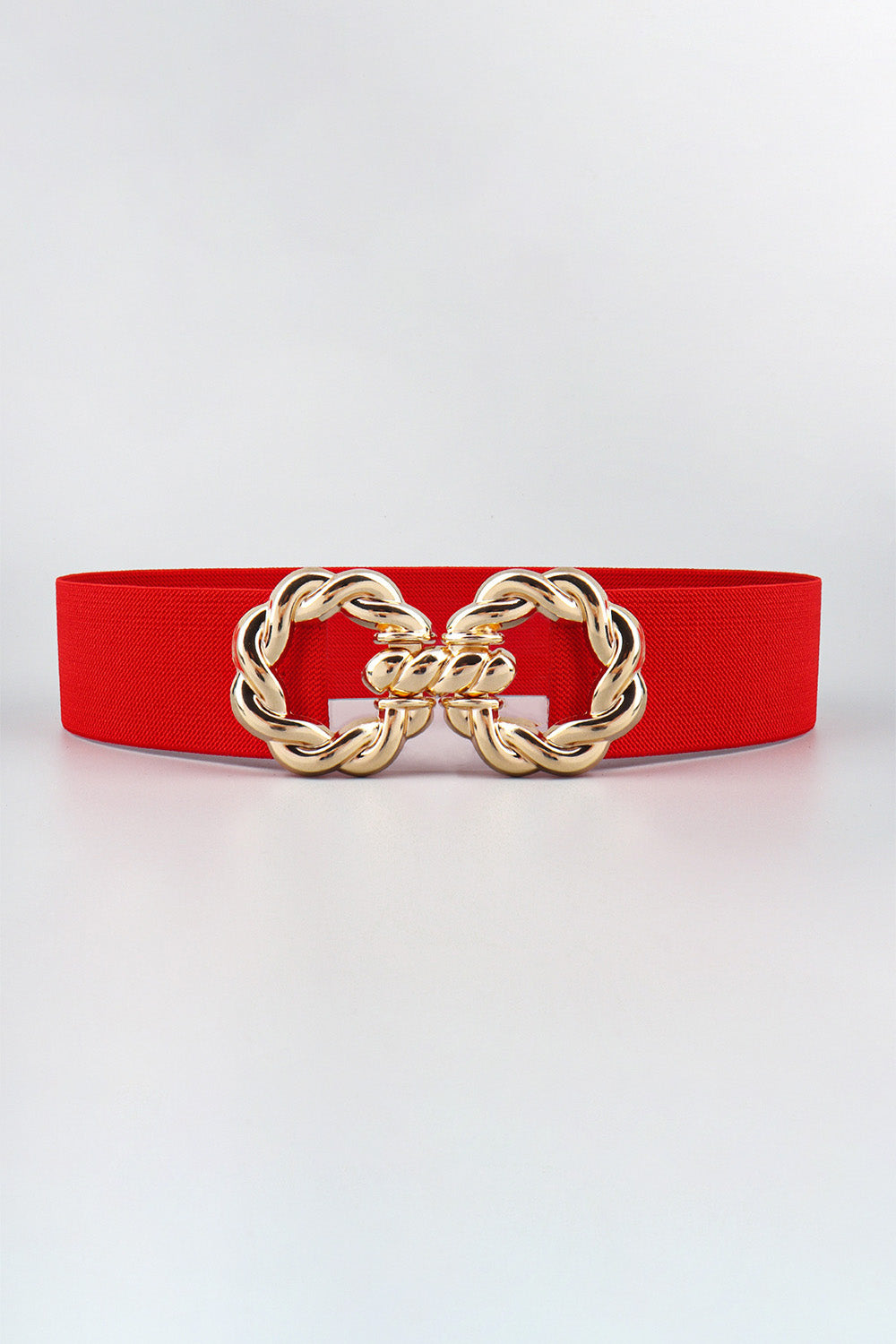 Red 2-inch elastic belt featuring a prominent gold-tone zinc alloy buckle with ornate interlocking curved details and a sleek, flexible construction.